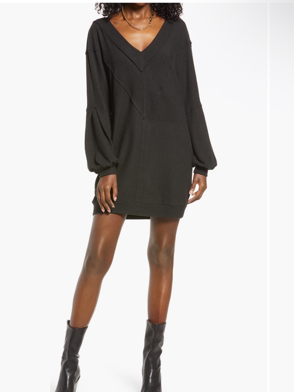 Nordstrom Open Edit Cozy Black V-Neck Long Sleeve Sweater Dress